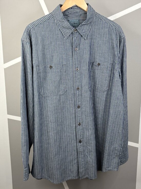 LL Bean Men’s Large Long Sleeve Cotton Button Up Shirt Blue White Stripes 266069 - Picture 1 of 15